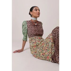 Rixo Dress Saffron Silk Crepe Keyhole Midi Black Green Meadow Leopard S GUC